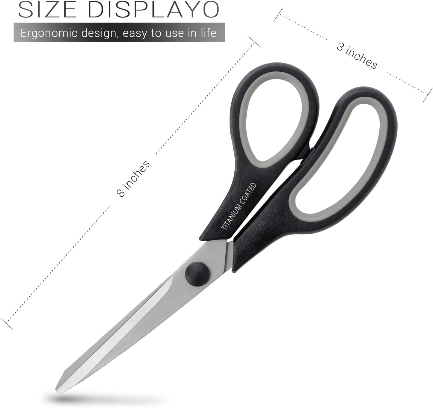Scissors 8" Multipurpose Titanium Coated Sturdy Sharp Scissors Right/Left Handed Comfort-Grip Handles for Office Home School Sewing Fabric Craft Supplies Black
