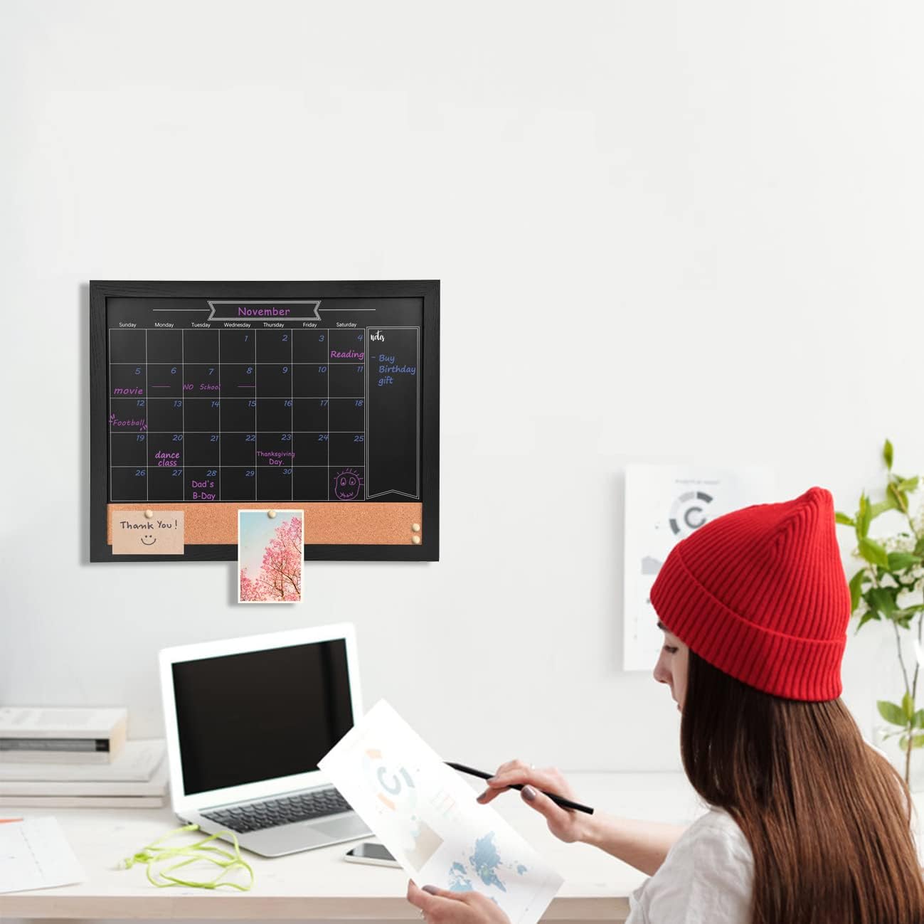 TORASO Magnetic Chalkboard Calendar Corkboard, Small Combination Chalk Board Bulletin Board, 13" x 17",Black Wood Framed Blackboard Calendar Cork Combo Board(ZHHB-BK-3343)