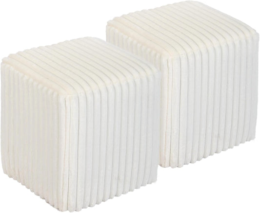 Modern Square Ottoman 2Pcs, Vertical Channel Tufted Foot Stool Ottoman, Velvet Upholstered Vanity Stool for Makeup, Bedroom, Living Room, White