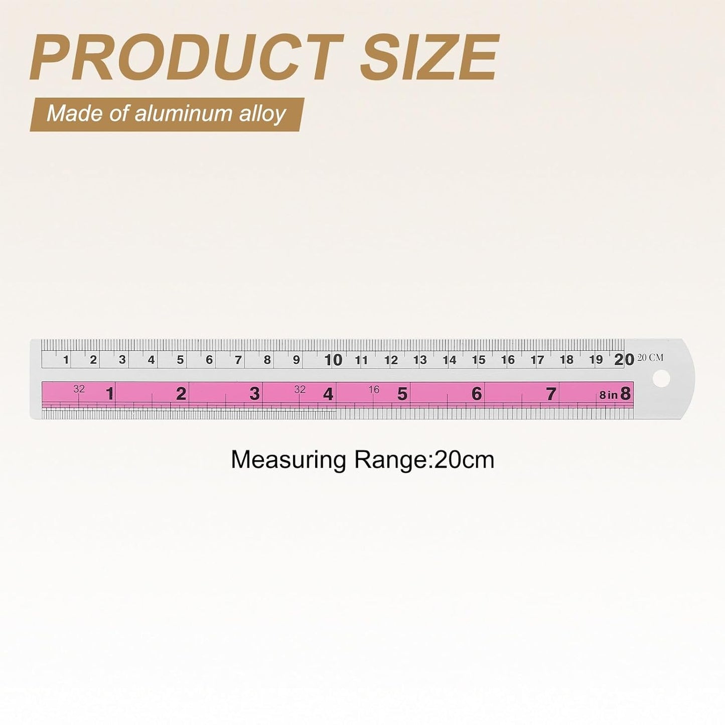 HARFINGTON 2pcs Metal Straight Ruler 20cm Metric SAE Aluminum Alloy Measuring Rulers Scale Tools with Hole for Measure Study Reading Classroom Office, Pink