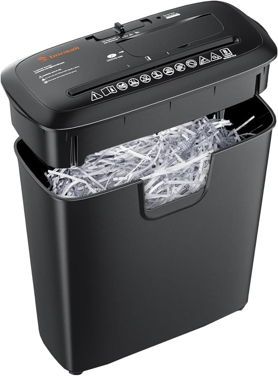 Bonsaii 8-Sheet Strip-Cut Shredder for Home – Compact Home Office Paper Shredder with Overheat Protection, Capable of Shredding CDs and Credit Cards, Includes a 3.4-Gallon Waste Bin