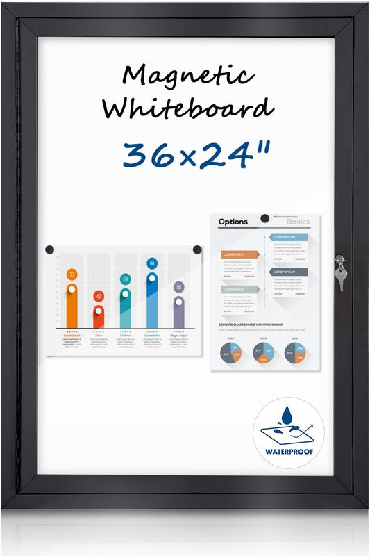 Outdoor Bulletin Board 36x24 in, Weatherproof Enclosed Bulletin Board with Locking Door, Magnetic Whiteboard, Black Aluminum