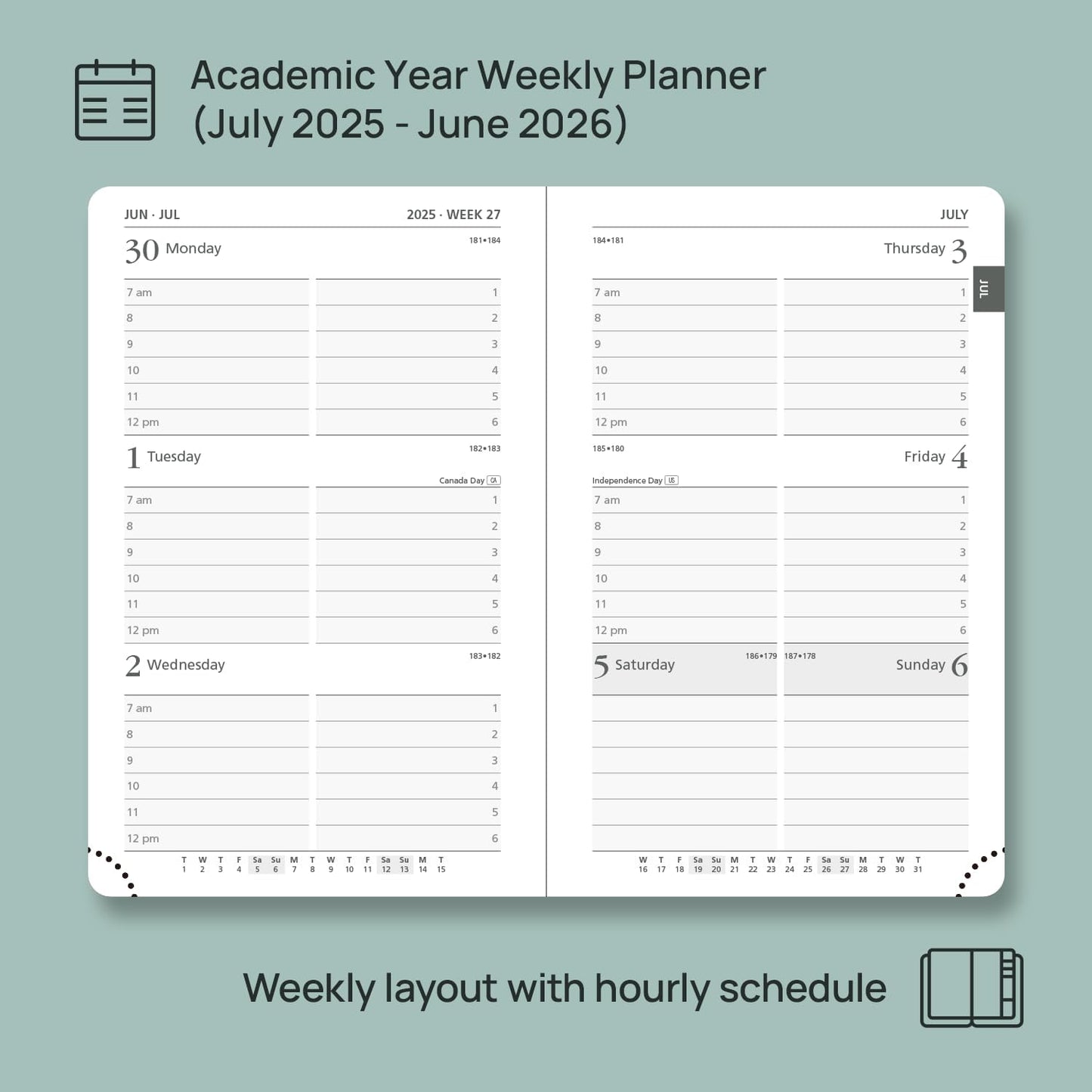 POPRUN Pocket Planner 2025-2026, (Purse Size 4''x 6.25'' Hard Cover) Academic Year Calendar Daily Weekly and Monthly (July 25-June 26) with Hourly Time Slots, 100 GSM Paper - Pacific Green