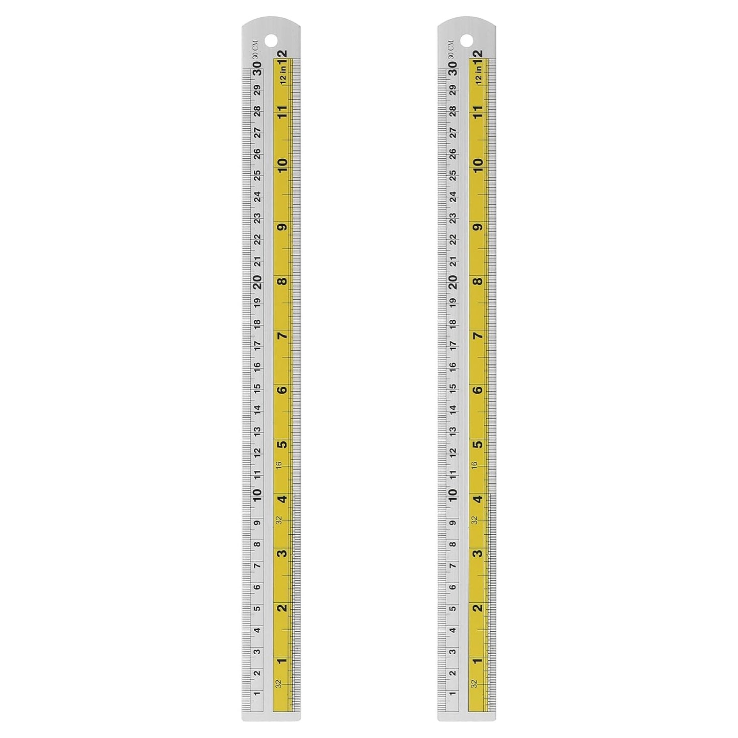 HARFINGTON 2pcs Metal Straight Ruler 30cm Metric SAE Aluminum Alloy Measuring Rulers Scale Tool with Hole for Measure Study Reading Classroom Office, Yellow