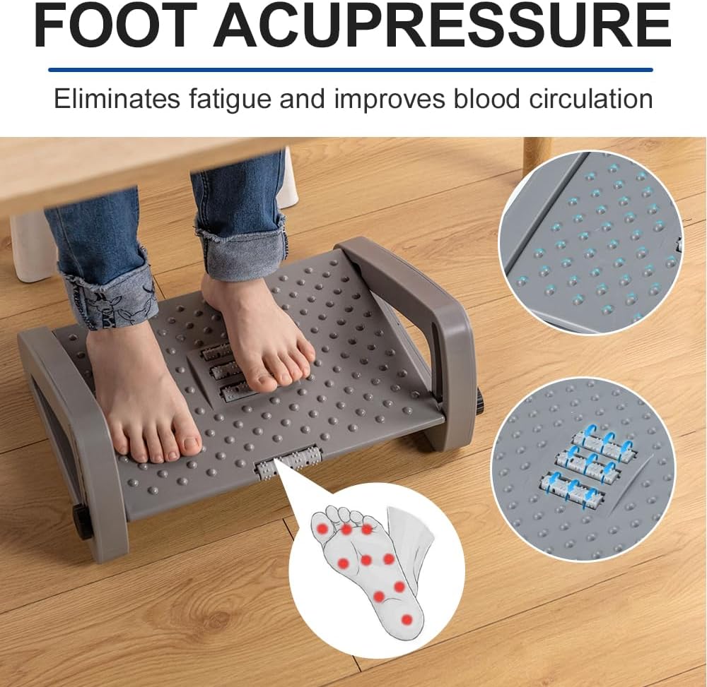 Foot Rest for Under Desk at Work - Six Heights Adjustable Under Desk Footrest - Ergonomic Foot Stools for Under Office Desks - Desks Foot Rest with Massage Rollers - Leg Rest for Chair (Gray)