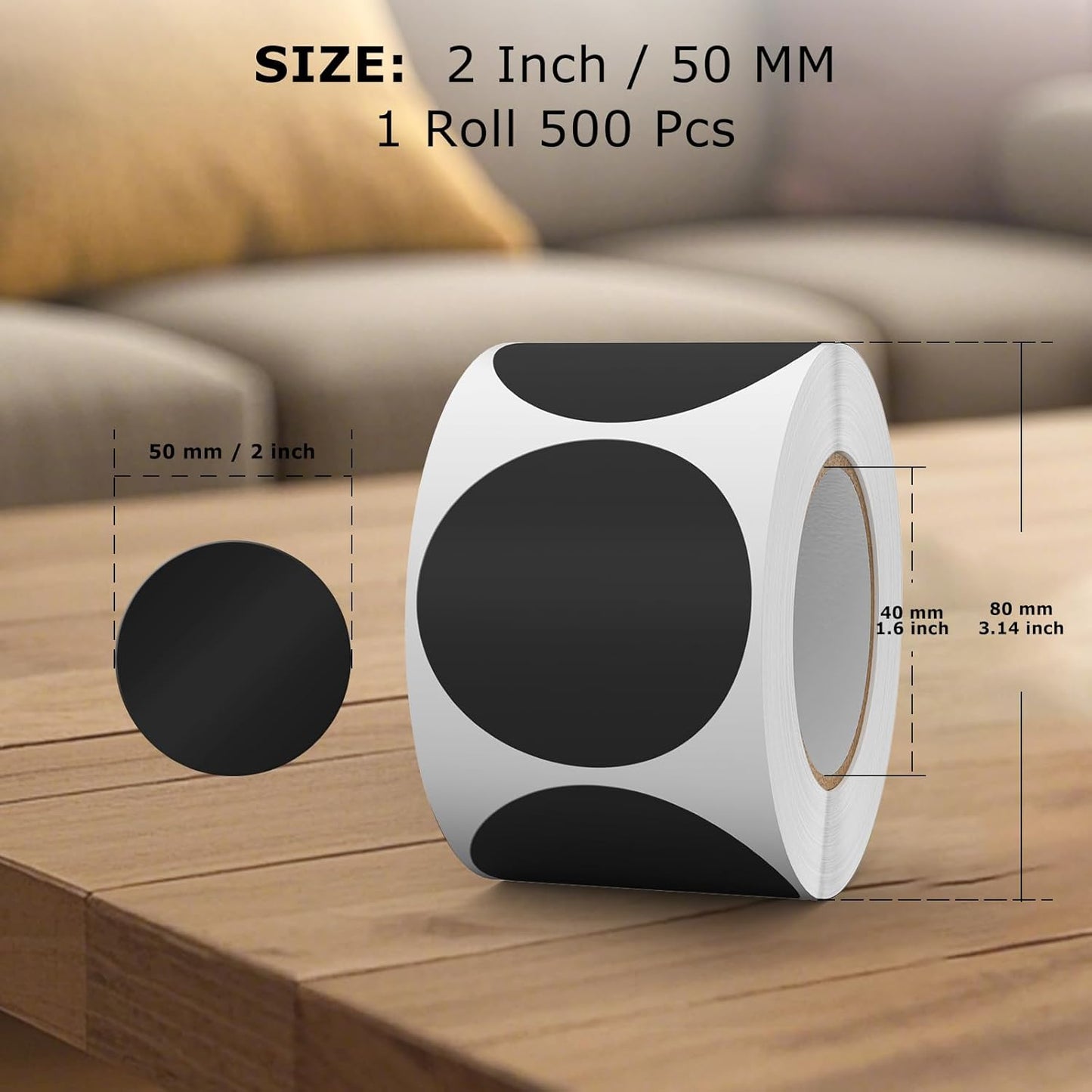 500 PCS Circle Dots Stickers 2 Inch Vinyl Black Round Labels Removable Waterproof Color Coding Sticker Roll for Office Inventory Garage Yard Sale Tag