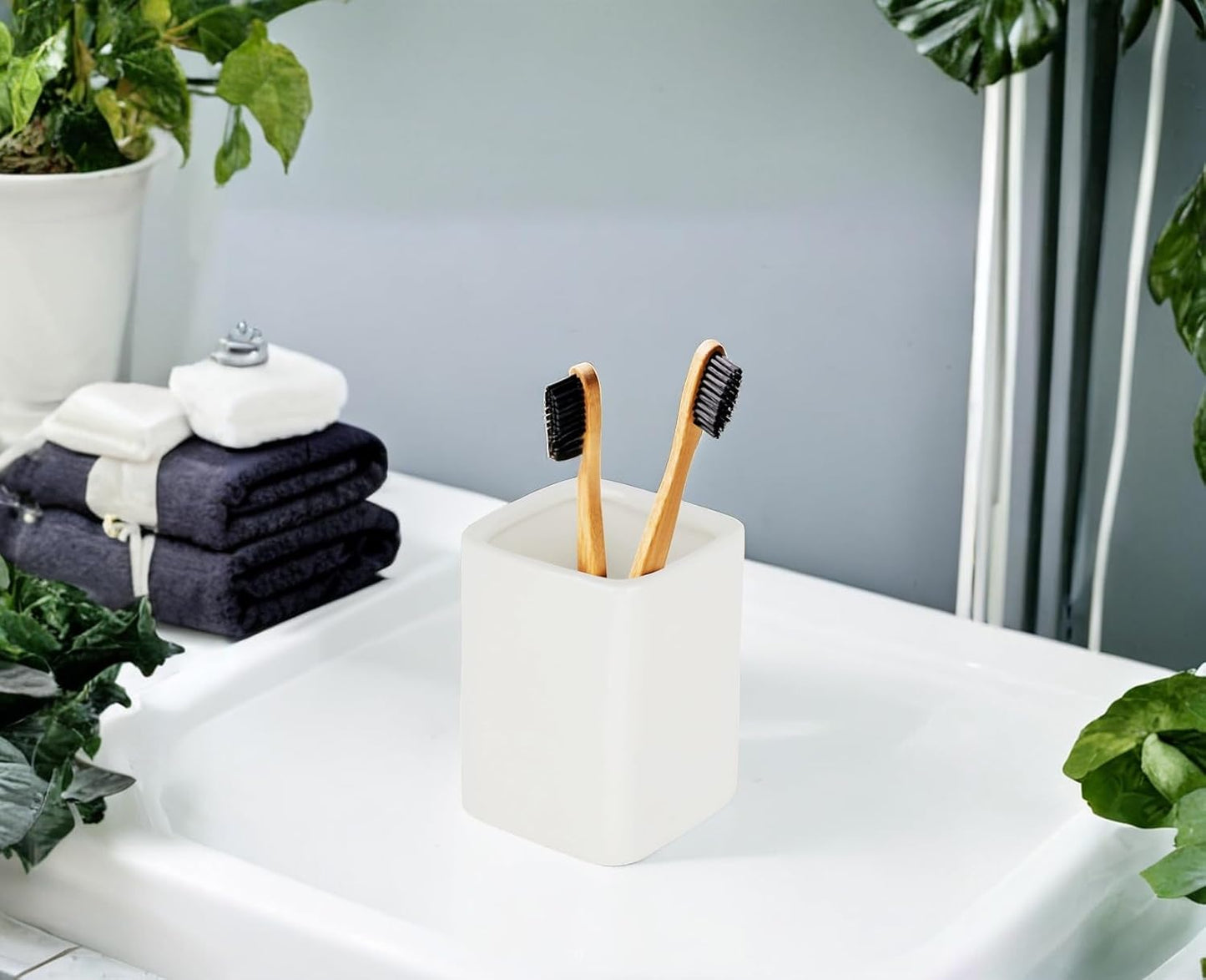 Square Ceramics Desk Pencil Holder With Metal Frame, Suitable for Offices and Homes(Off White)