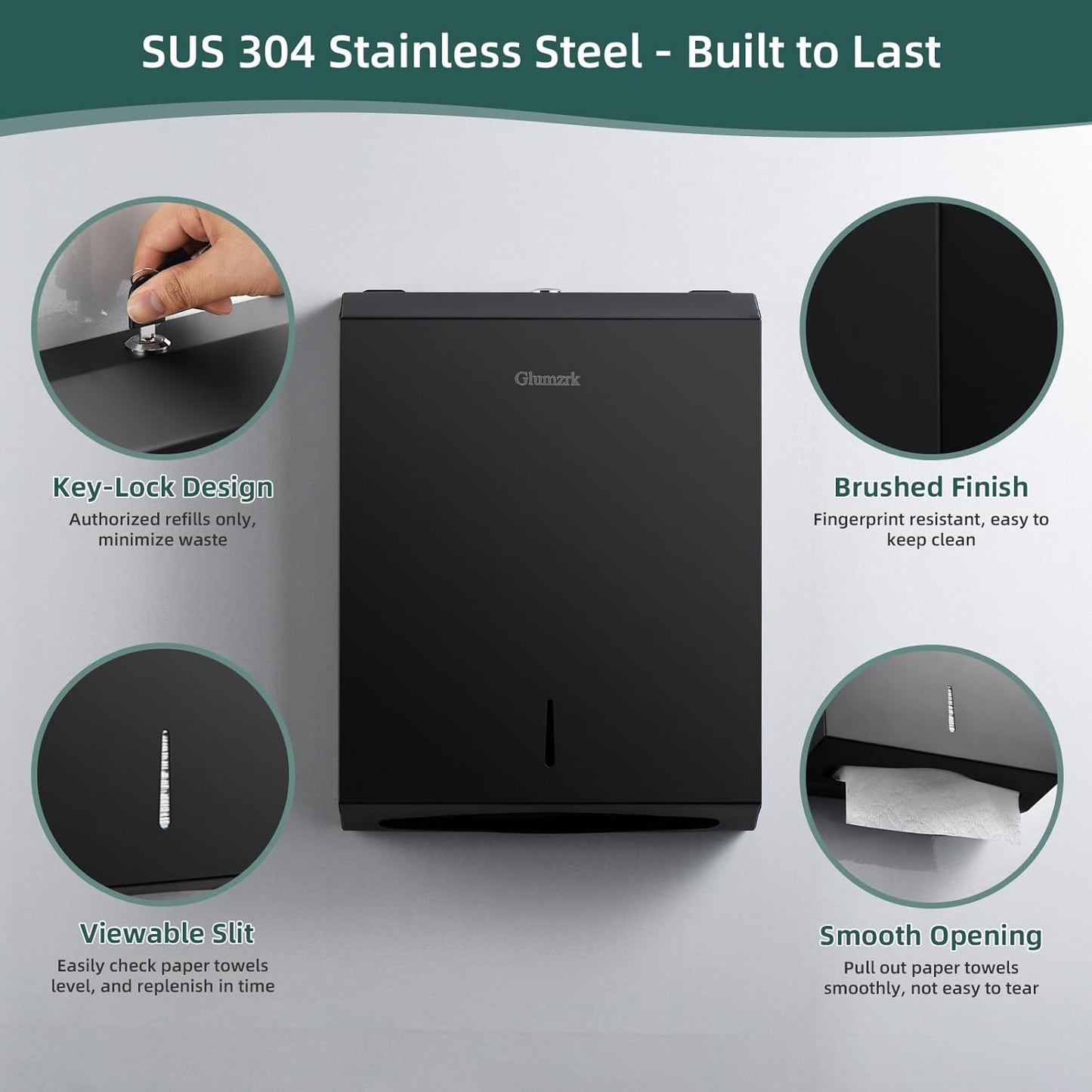 Paper Towels Dispenser Wall Mounted with Key Lock, Multifold C Fold Trifold Hand Towel Dispenser, Stainless Steel Tissue Holder Large Capacity Elegant for Bathroom Commercial, Black