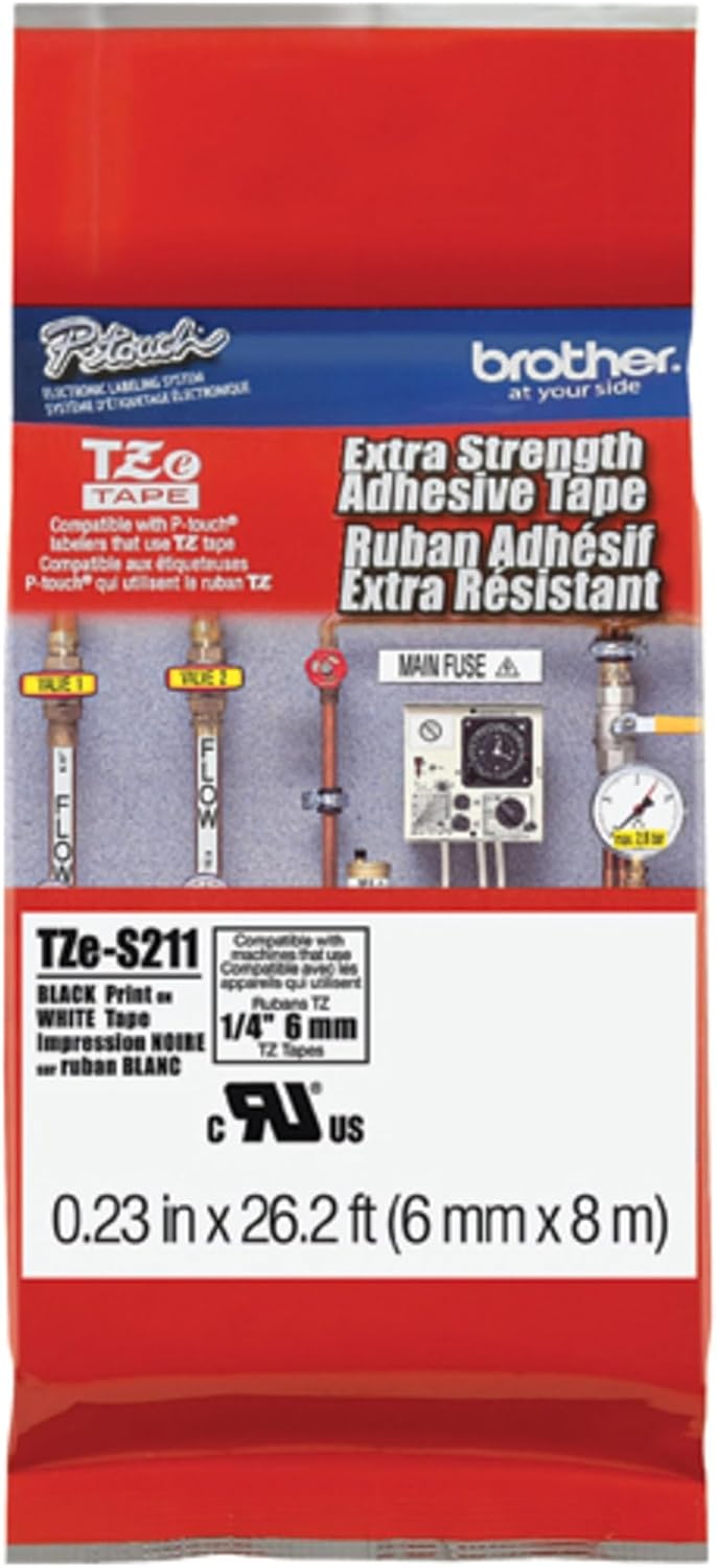 Brother Genuine P-touch TZE-S211 Tape, 1/4" (0.23") Wide Extra-Strength Adhesive Laminated Tape, Black on White, Laminated for Indoor or Outdoor Use, Water-Resistant,0.23" x 26.2' (6mm x 8M), TZE-S211