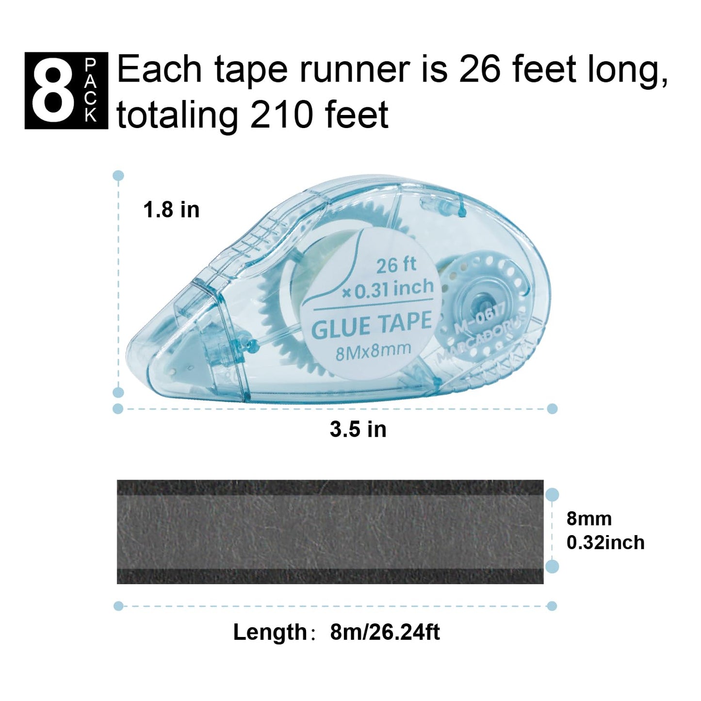 Double-Sided Tape Runner, Pack of 8, 0.31 Inches x 26 Ft Adhesive Tape Runners, Craft Supplies for Scrapbooking, Gift Wrapping, and Paper Art.