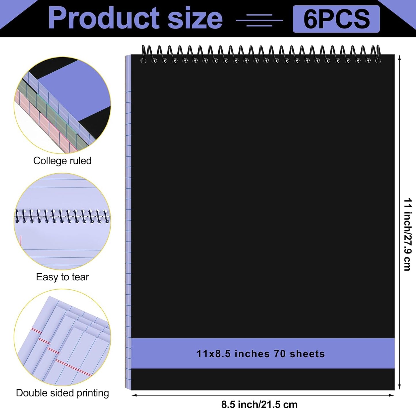 Resurhang 6 Pcs Legal Pad Top Spiral Bound Notebook 70 Sheets Wirebound Notepad Double Sided Ruled Memo Steno Pad with Stiff Back Cover for Business(8.5 x 11 Inches,No Holes,Morandi Color)