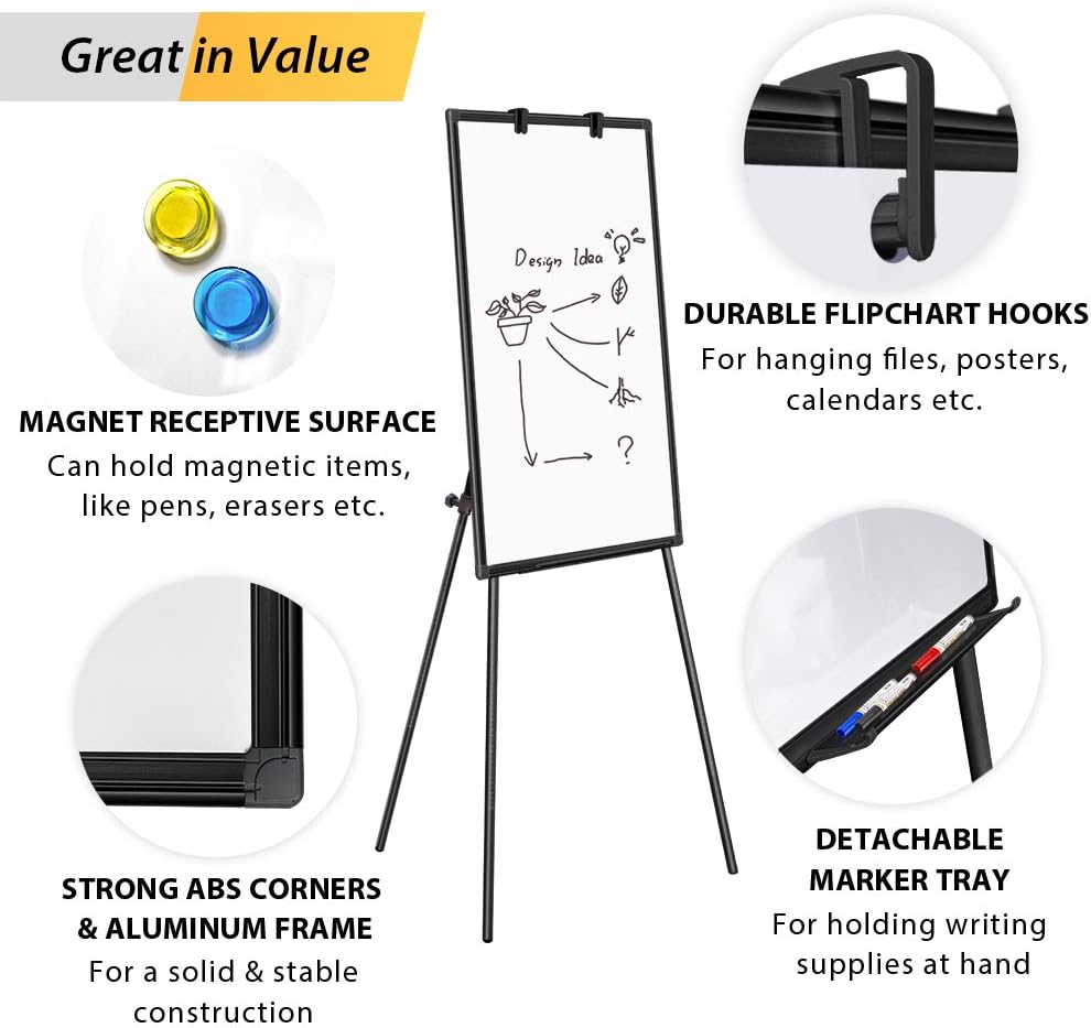 Easel Whiteboard - Black Magnetic Portable Dry Erase 40 x 28 Tripod Height Adjustable, Flipchart Easel Stand White Board for Office