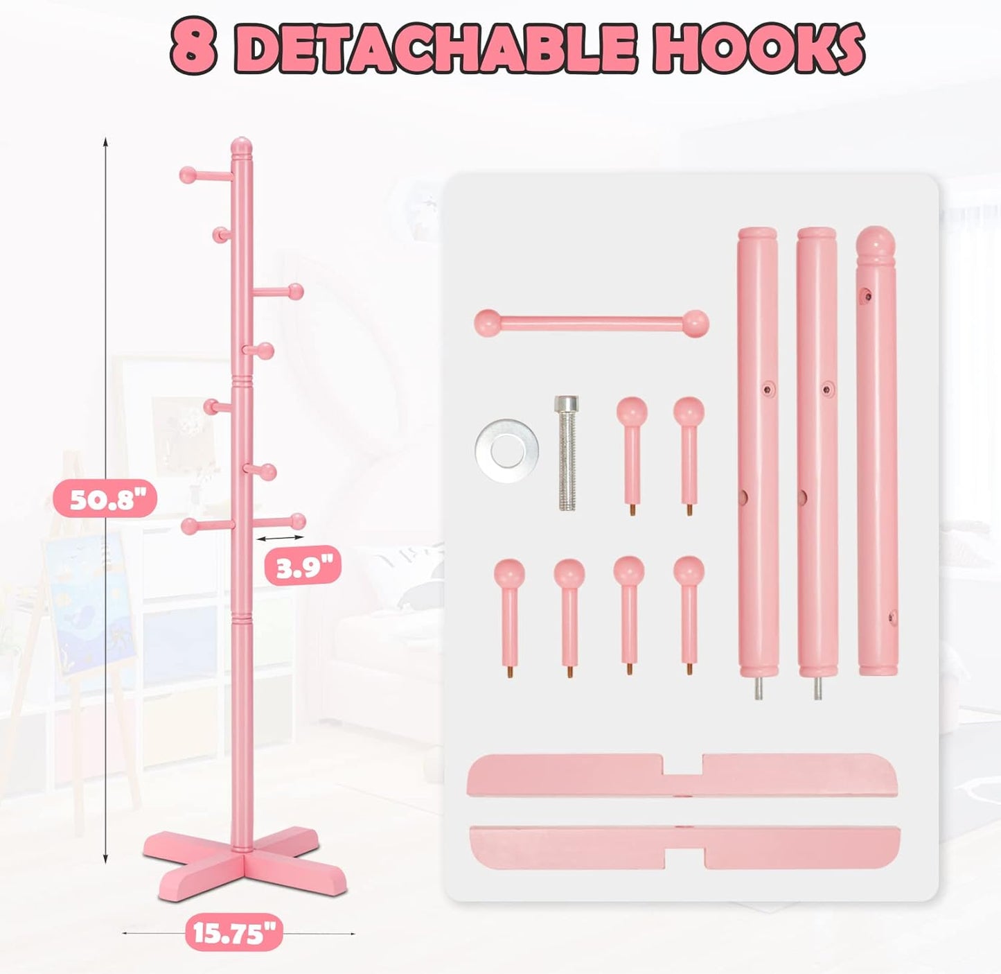 Kids Coat Rack, Freestanding Coat Racks with 8 Hooks 2 Adjustable Height, Tree Coat Rack for Bedroom, Hallway, Entrance, Office, Hats, Handbags,Purse (Pink)