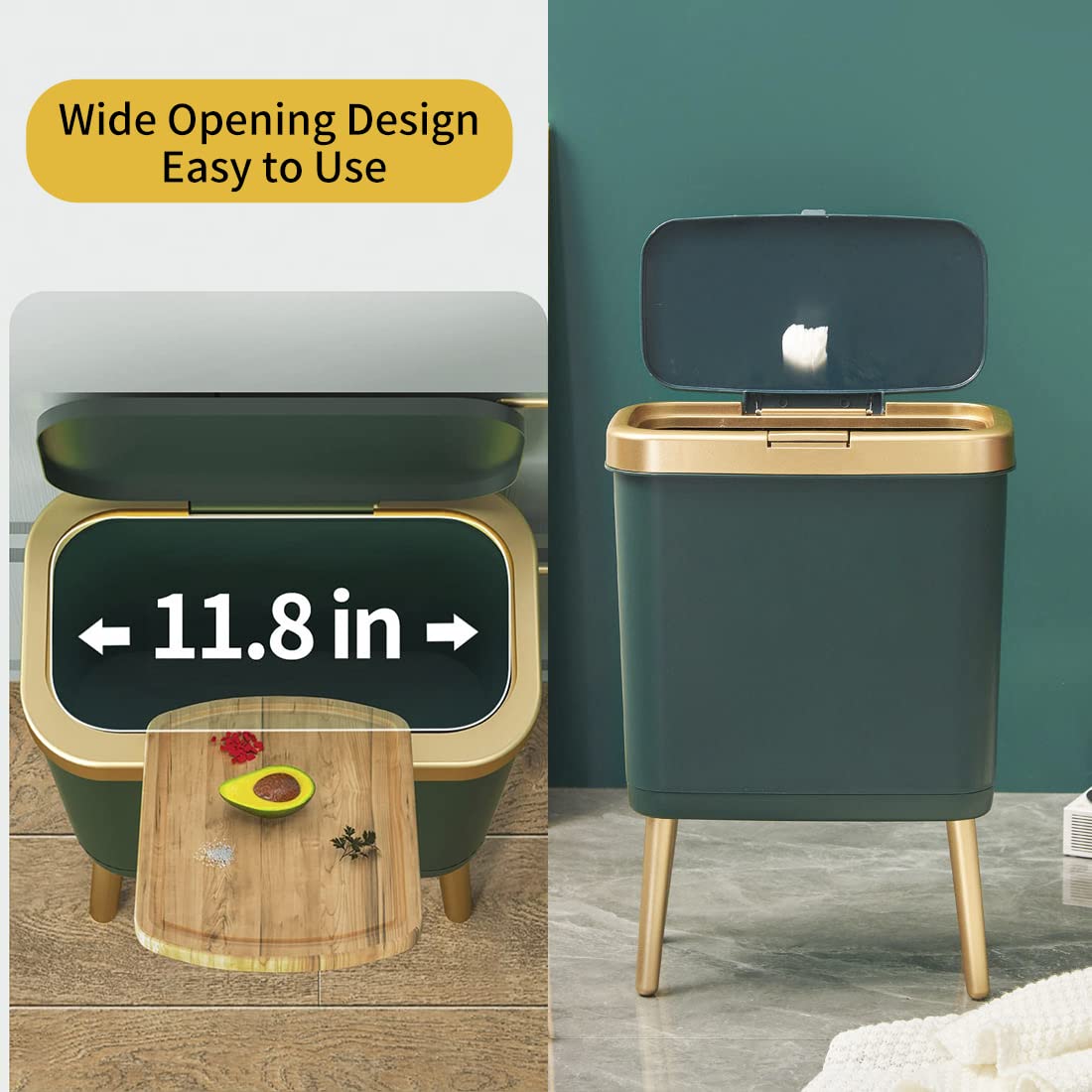 Procade 2Pack Gold Trash Can with Lid, Bathroom Trash Can with Legs, 4 Gallon Office Trash Cans for Near Desk, Slim Garbage Bin Waste Basket for Bedroom, Kitchen,Living Room&Toilet(Green+Green)