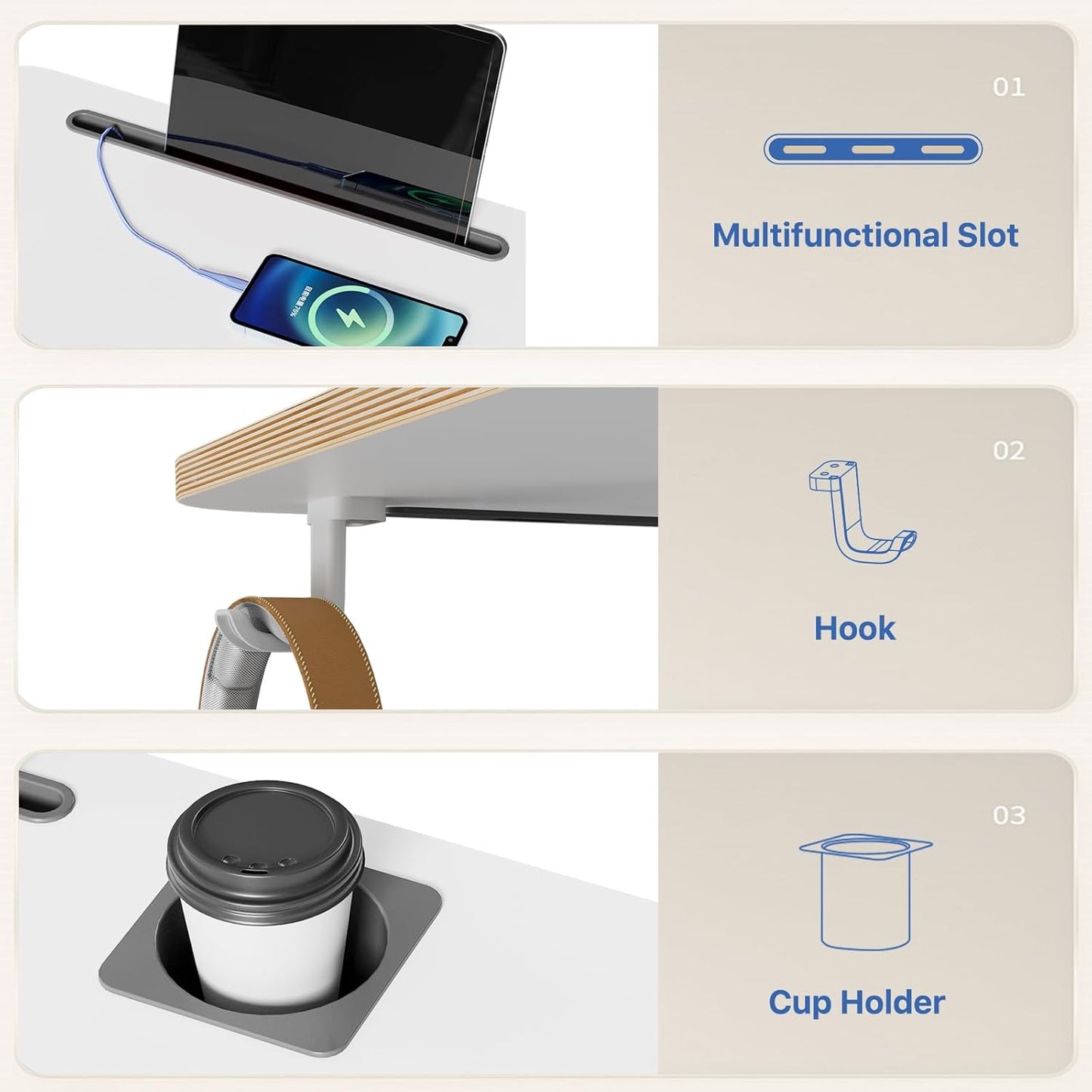 Mobile Standing Desk, Rolling Laptop Cart Adjustable Height with Cup Holder, 28 inch Portable Table with 4 Lockable Wheels, White Computer Workstation with Hook and Slots for Home Office