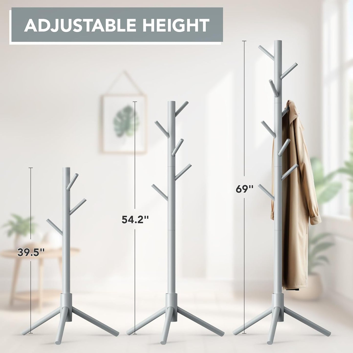 Wooden Tree Coat Rack Stand,Sturdy Freestanding Coat Rack with 8 Hooks,3 Adjustable Height for Child Adult,Wood Coat Stand Tree Fits Entryway Bedroom Office for Bags,Hats