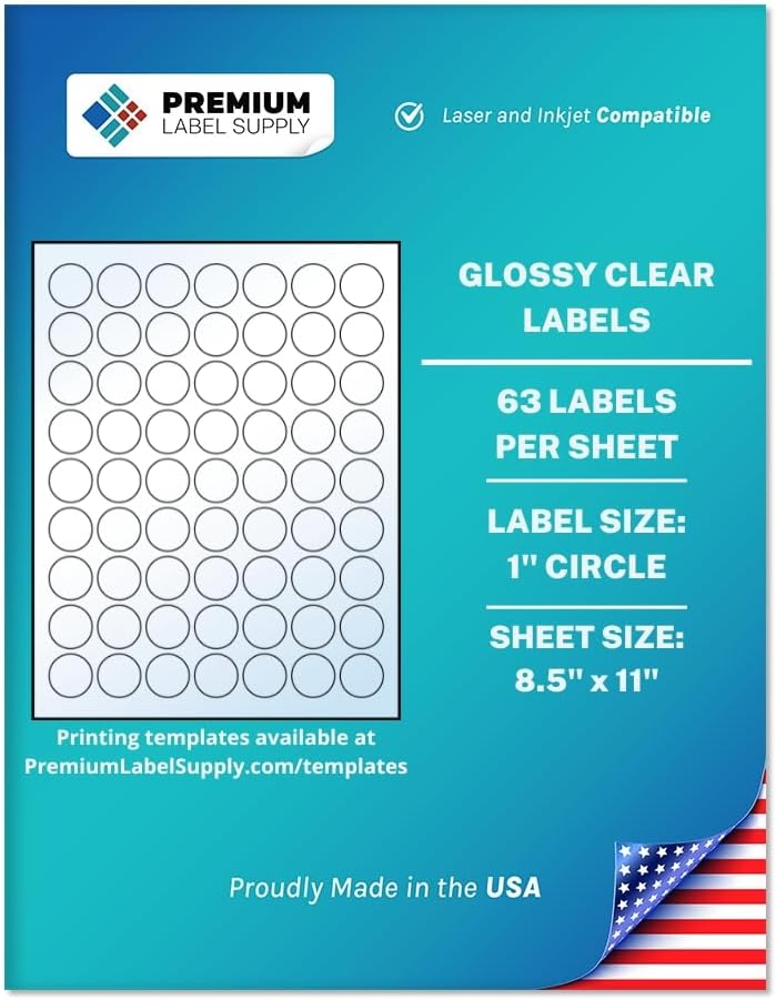Premium Label Supply Glossy Clear Sticker Round Labels – 1" Circle – Laser/Inkjet Compatible – (63 per Sheet), 10 Sheets – 630 Total Adhesive Labels