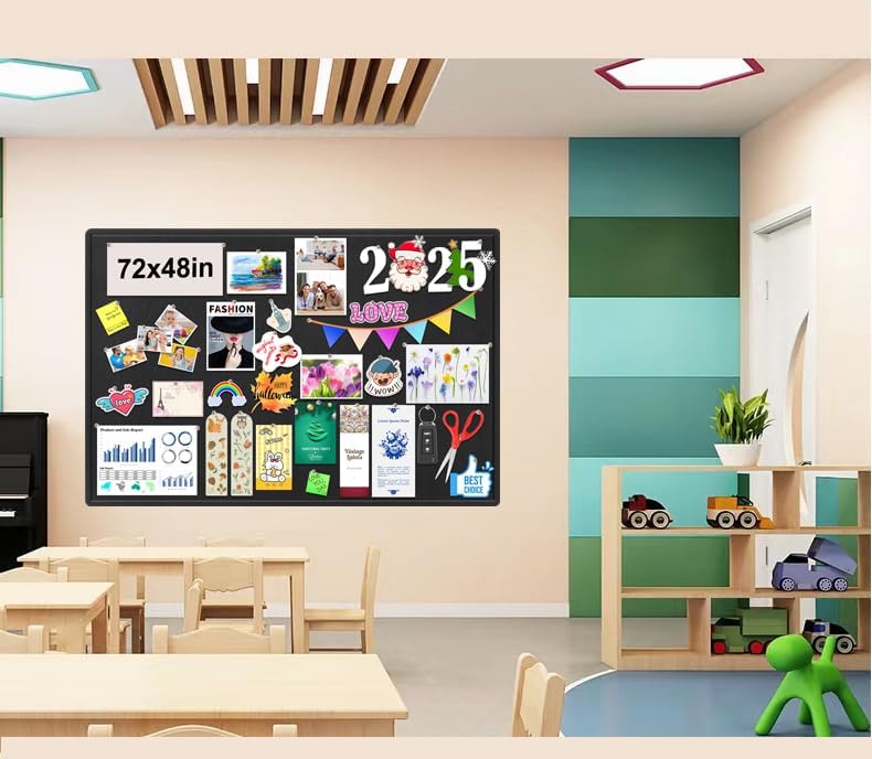 Large Bulletin Board, Foldable 72x48 Inches Cork Board Alternative, Large Felt Board Decorative Pin Board for Wall, Foldable Photo Board Self-Adhesive Vision Board with 36 Pushpins Black