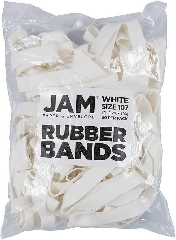 JAM PAPER Durable Rubber Bands - Size 107 - White Multi-Purpose Rubberbands - 50/Pack