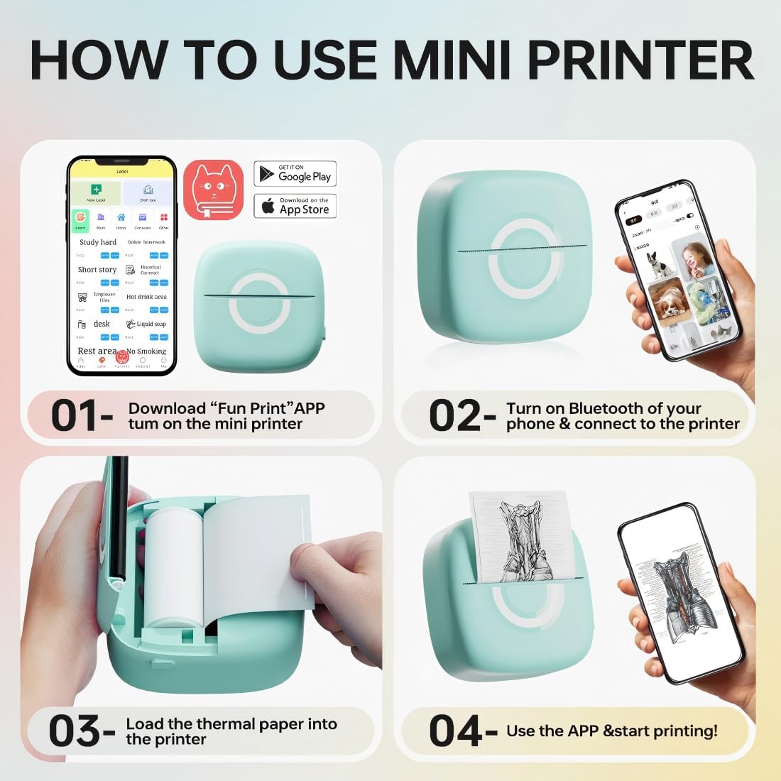 Mini Printer Sticker Thermal Printer with 3 Rolls Paper, Bluetooth Portable Phone Print Pods,Study Sticker Maker for Pictures, Photos, Journals, DIY, Compatible with Phone & Tablet