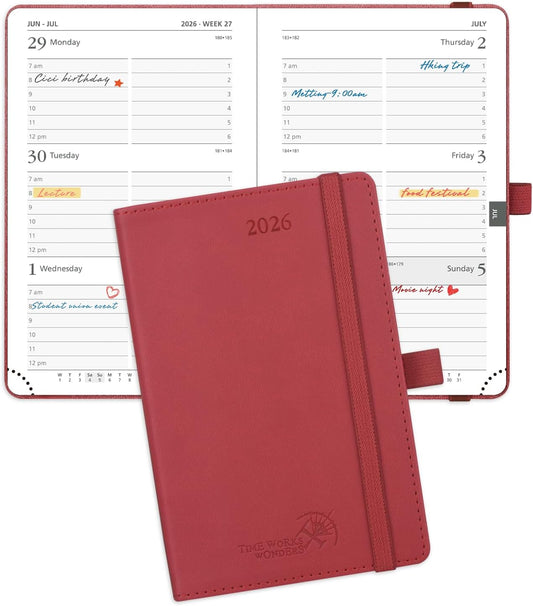POPRUN Pocket Calendar 2026 (Small Size- 4'' x 6.25") Weekly and Monthly for Purse - Planner 2026 (Jan. 2026 - Dec. 2026) with Vegan Leather Soft Cover, Pen Holder and More - Burgundy Red