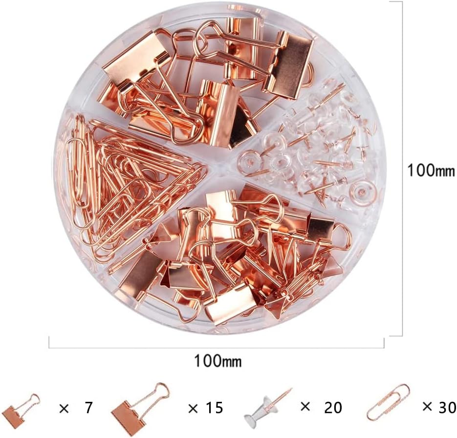Paper Clips and Binder Clips Set, 3 Pack, 216 pcs, Metal Assorted Sized Binders with Push Pins, Cute Rose Gold Office Supplies for Desk, Desk Accessories