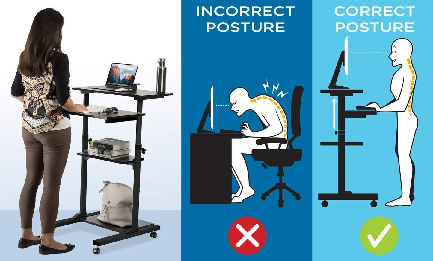 Mount-It! Mobile Standing Desk Cart, Height Adjustable Rolling Stand Up Desk, Computer Workstation for Office, School, Teachers, 27.5" Wide Podium Platform, Locking Wheels in Black Rises 37" to 54"