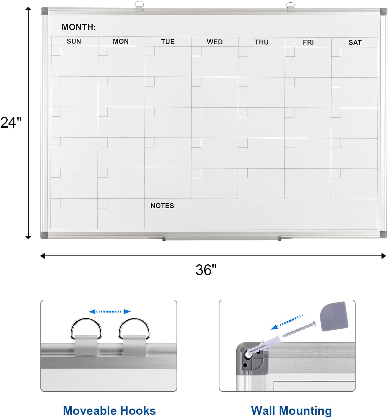 Comix Magnetic Dry Erase Calendar Whiteboard, 36 x 24 Inches Monthly Calendar Dry Erase Board for Wall, Aluminum Frame Planner White Board with Dry Erase Markers, Eraser, Magnets
