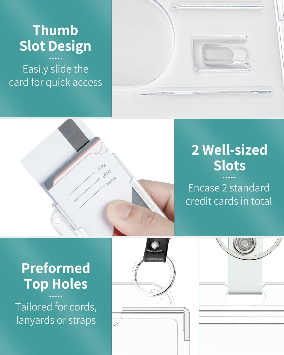 Uniclife 2 Pack Thumb-Slot Badge Holder 2-Card Horizontal Clear Plastic Case with Retractable Keychain Badge Reel for up to 8 oz Hard Card Protector for IDs Credit Cards Driver’s Licenses and Passes