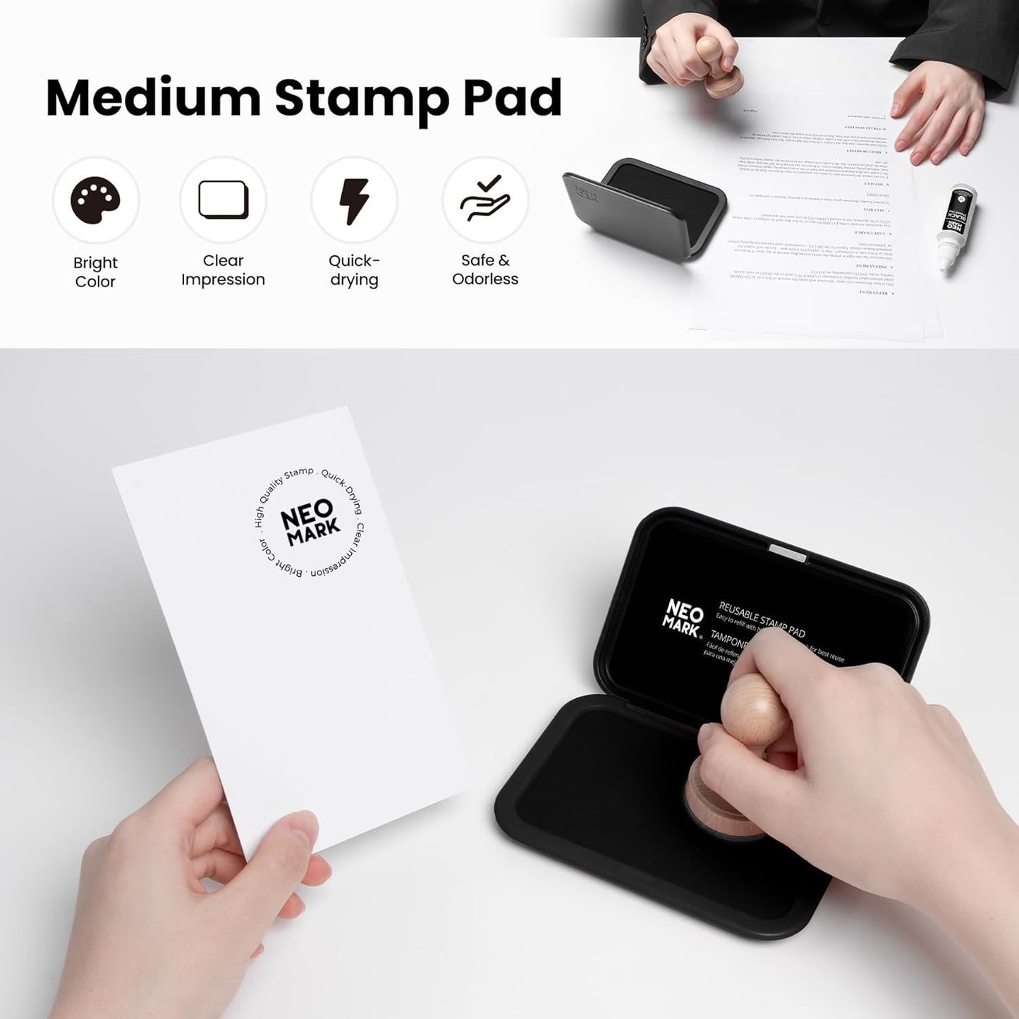 Medium Stamp Pad Kit (1oz Ink Included)-2.8"x 4.4", Magnetic Lid, Premium Quality Felt Stamp Pad (Black)