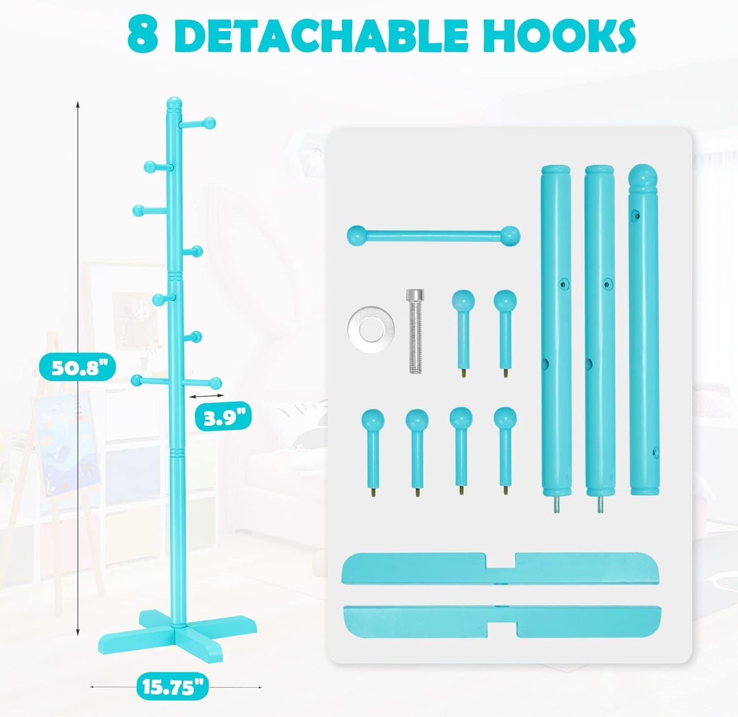 Kids Coat Rack, Freestanding Coat Racks with 8 Hooks 2 Adjustable Height, Tree Coat Rack for Bedroom, Hallway, Entrance, Office, Hats, Handbags,Purse (Blue)