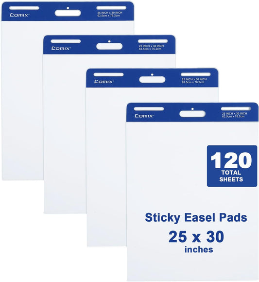 Comix Sticky Easel Pad, 25 x 30 Inches Flip Chart Paper for Teachers, Large Self Stick Easel Paper for Office School Classroom Supplies, 30 Sheets/Pad, 4 Pads/Pack