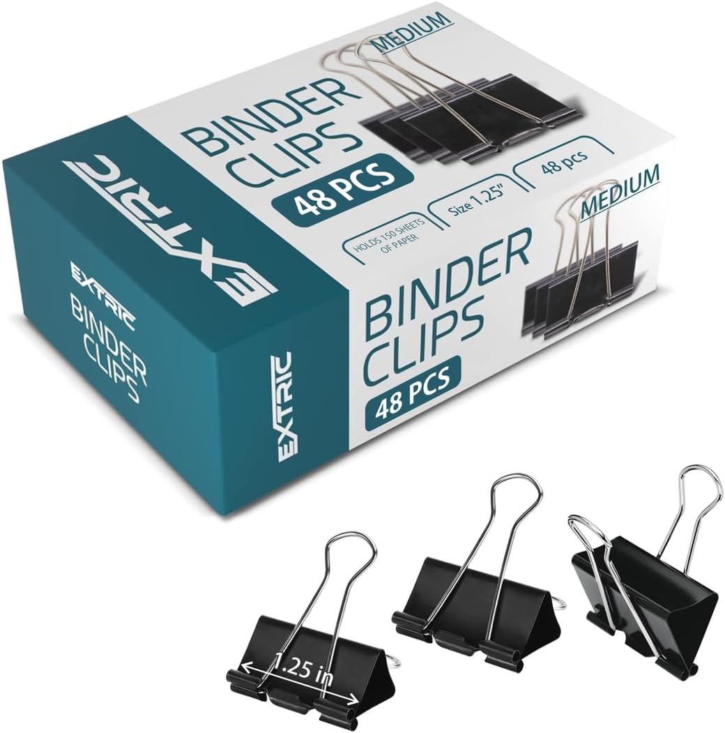 Binder Clips - 48 Medium Binder Clips, 1.25 Inch Black Paper Clamps, File Clip for Home, Office and School Supplies