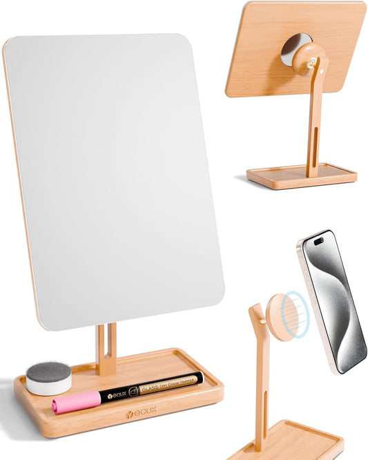 YEOUX Premium Desktop Glass Mirror, Dry Erase Board & Magnetic Phone Stand 3-in-1 | 360° Adjustable | Solid Wood | MagSafe Compatible, Small Whiteboard for Office Home Desk