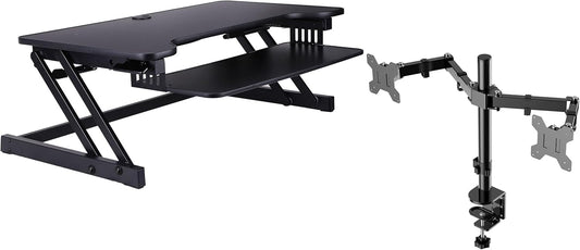 Rocelco 37.5" Deluxe Height Adjustable Standing Desk Converter with Dual Monitor Mount BUNDLE - Quick Sit Stand Up Computer Workstation Riser - Large Retractable Keyboard Tray - Black (R DADRB-DM2)