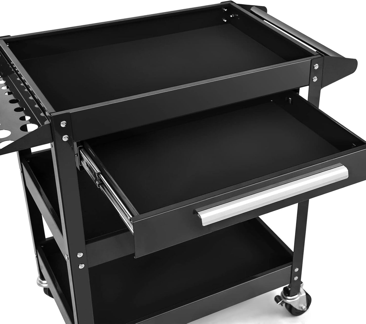 ERGOMASTER Metal Service Utility Cart with Wheels - 500LBS Tool Cart Heavy Duty Rolling 3-Tier Storage Organizer, for Garage Industrial Cart -Black