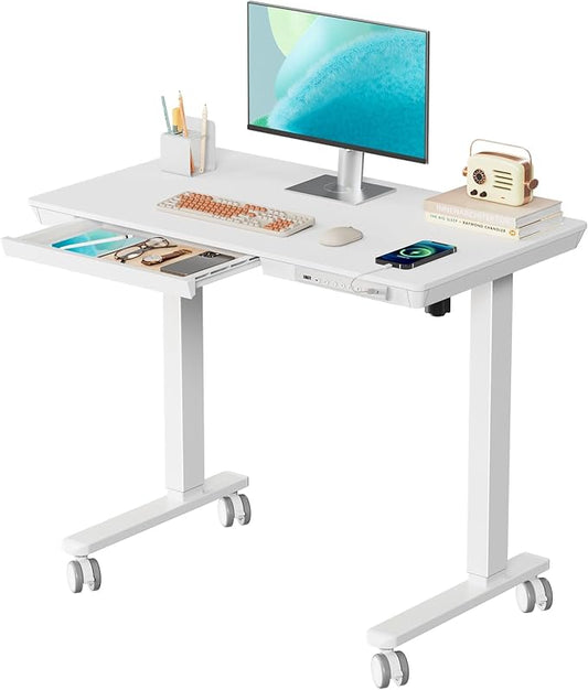 Small Standing Desk with Drawer, 35" x 20" Whole Piece Tabletop Electric Sit Stand Desk, Height Adjustable Desk with Storage & USB Ports, Quick Install Home Office Computer Desk, White