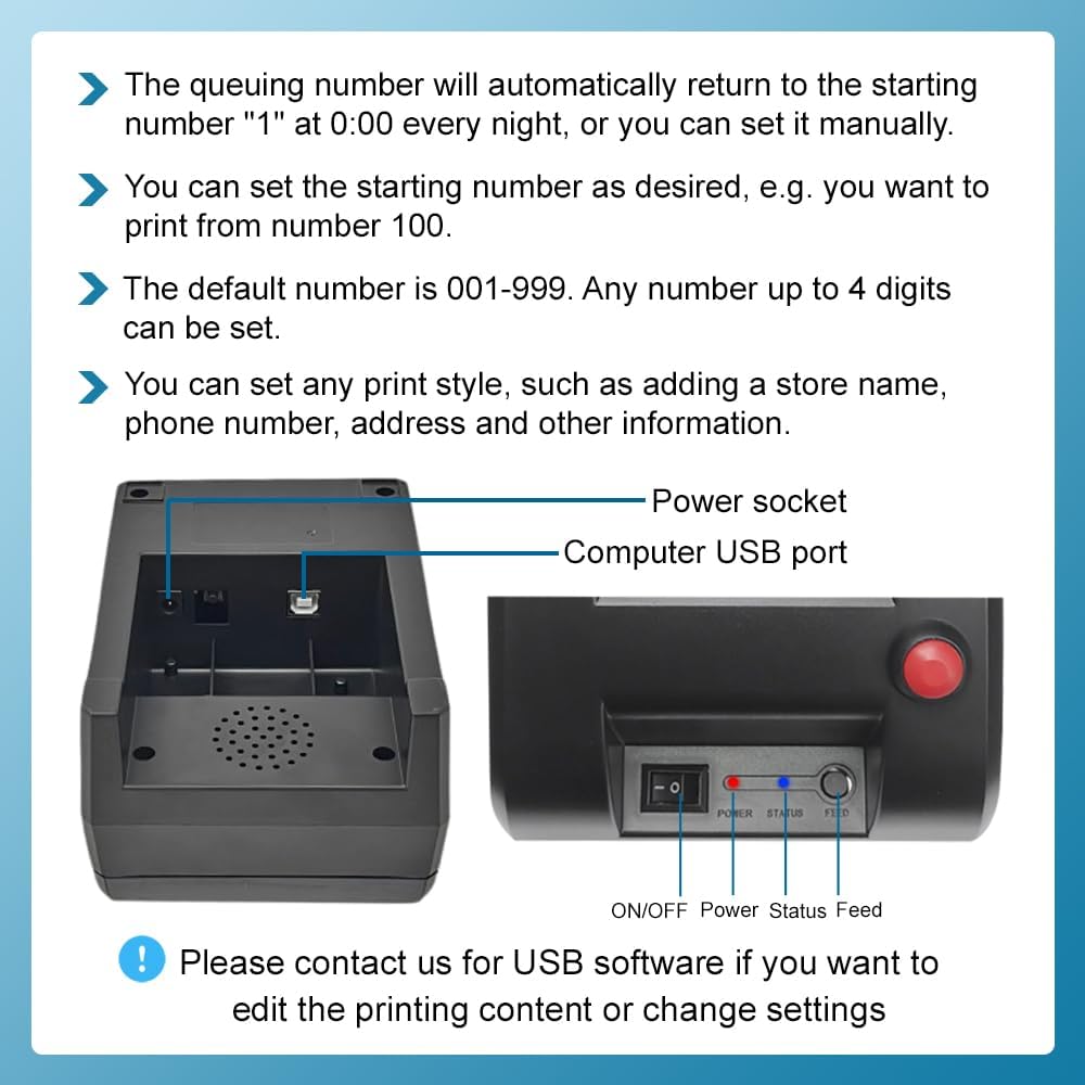 Ticket Dispenser Take a Number 57mm Receipt Ticket Thermal Printer for Queue Can Edit Print Text via PC Show 3-Digits Waiting Number for Haunted House