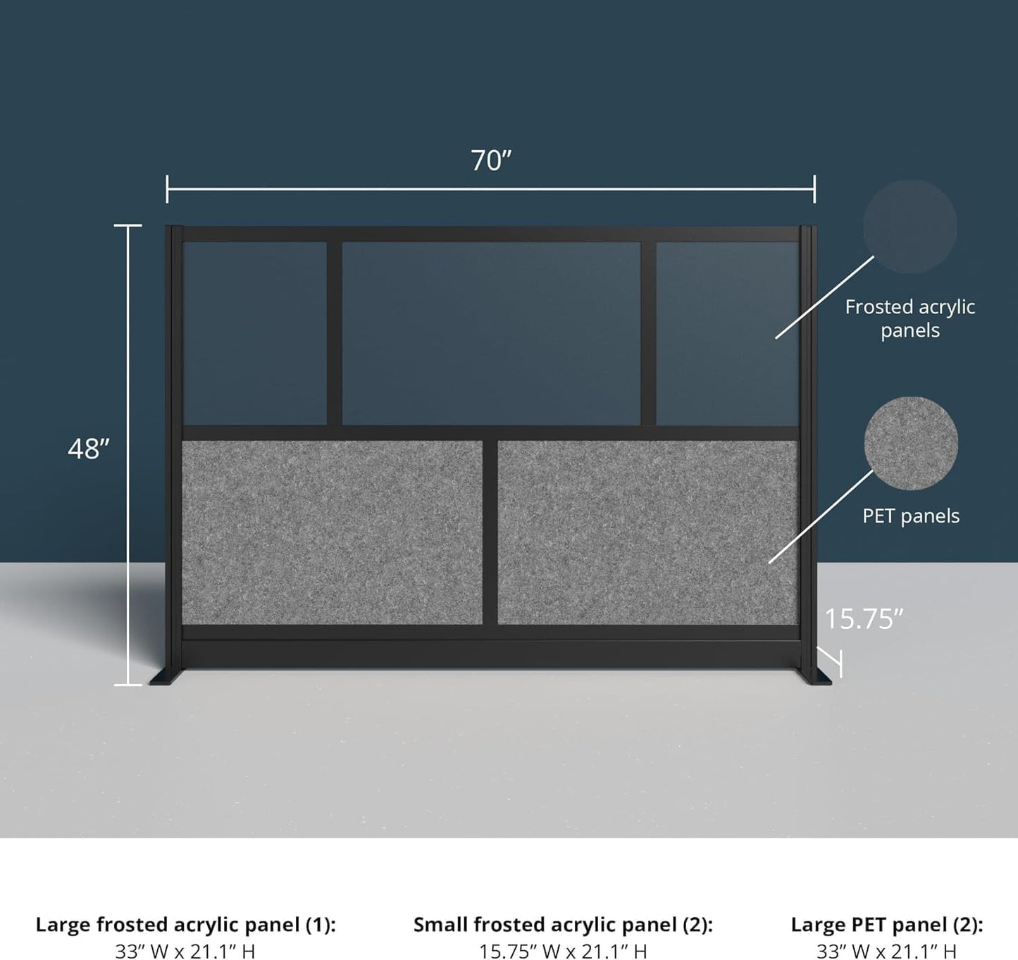 Stand Up Desk Store Expanse Modular Wall | 70'' x 48'' Wall | Expandable Partition Room Divider with Rearrangeable Frosted Acrylic & Sound Absorbent Panels (Black Frame)