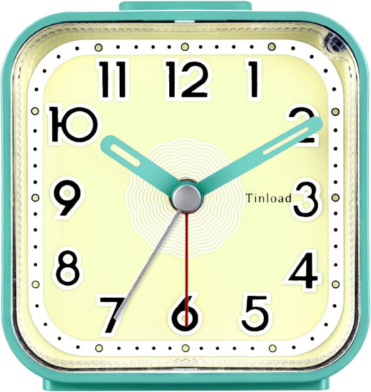 Small Analog Alarm Clock Silent Non Ticking, Ascending Beep Sounds, Snooze,Glow in Dark dial, Manual Light, Battery Operated(Green)