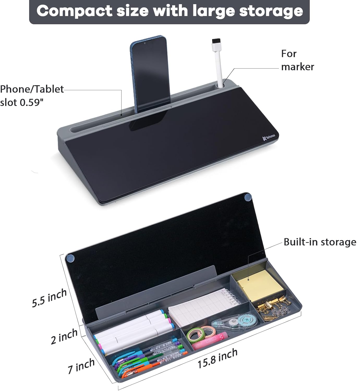 Varhomax Glass Desk Whiteboard with Storage, Desktop Organizer to-do List Memo Notepad Dry Erase White Board for Home Office and School Supplies (Gray&Black)