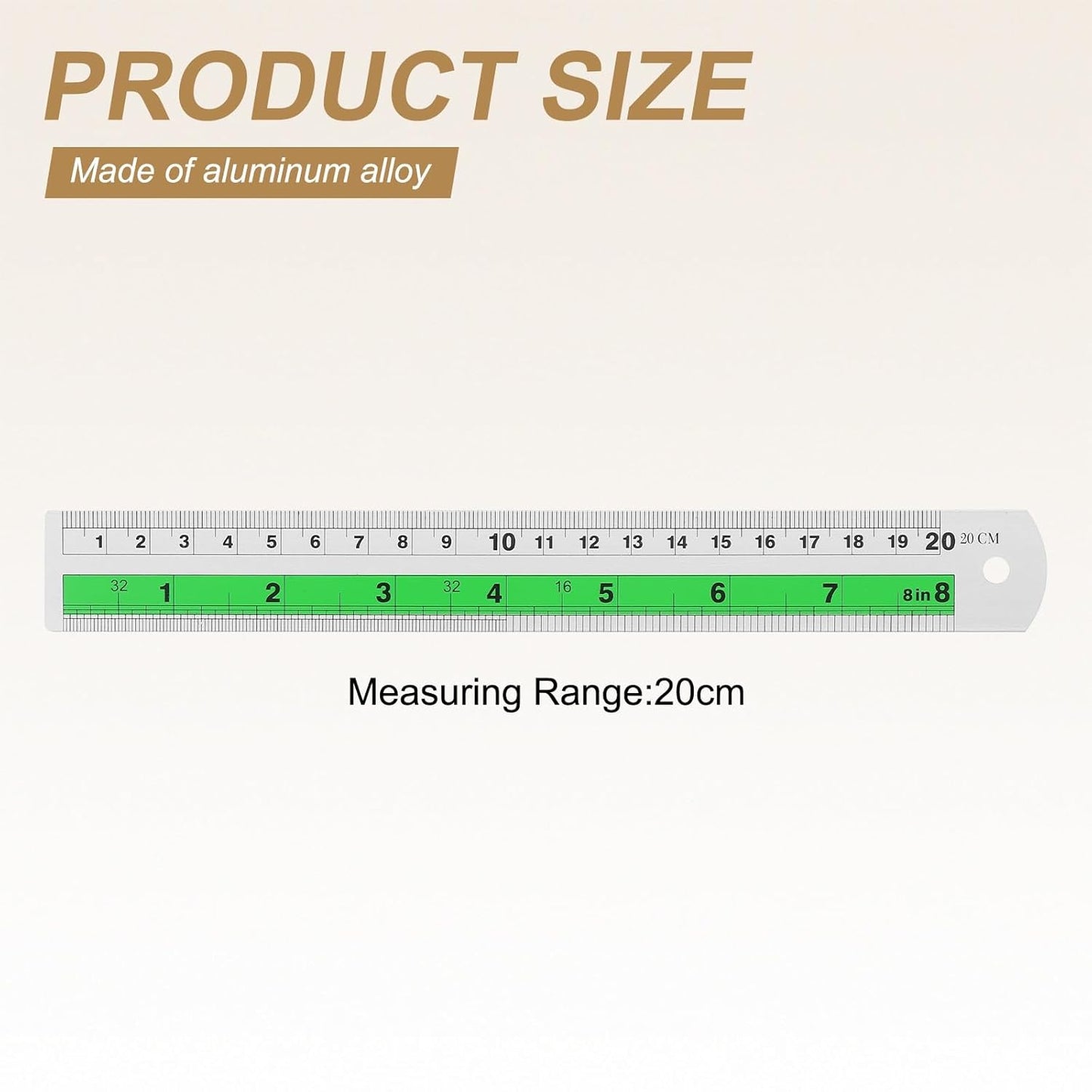 HARFINGTON 6pcs Metal Straight Ruler 20cm Metric SAE Aluminum Alloy Measuring Rulers Scale Tool with Hole for Measure Study Reading Classroom Office, Green