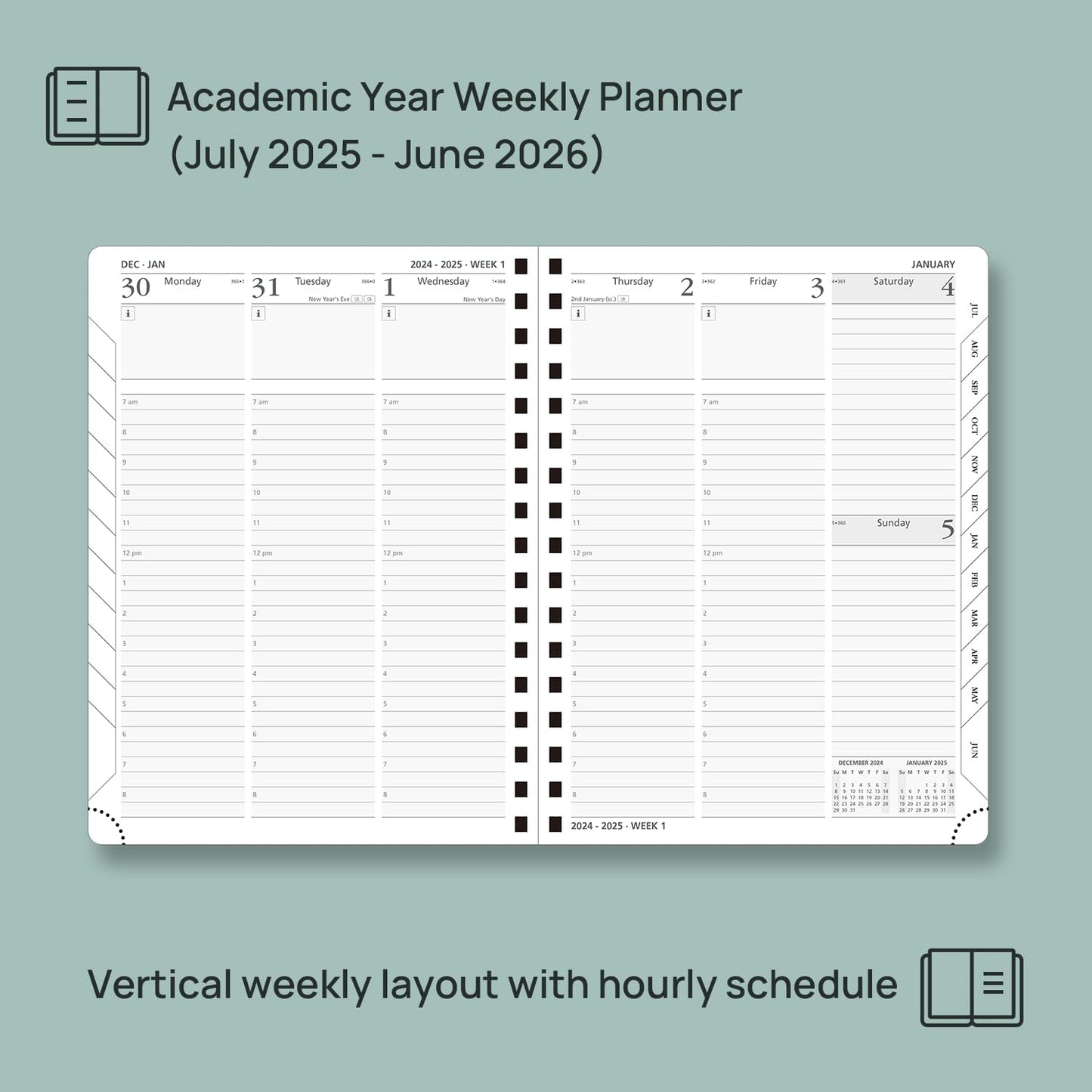 POPRUN Planner 2025-2026 (Medium - 6.5'' x 8.5'') Academic Weekly Calendar (July 2025 - June 2026) with Hourly Time Slots, Monthly Tabs, 100GSM Thick Papers, Spiral Leather Cover - Blue Green