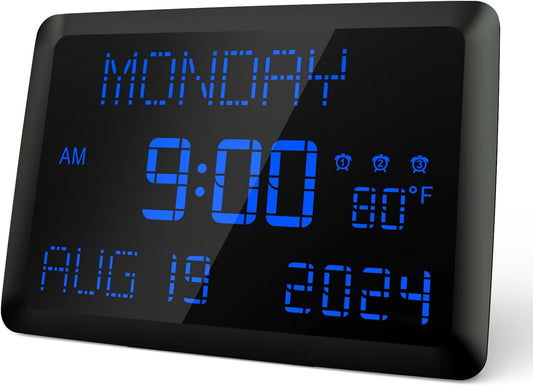 Raynic Digital Clock, 11.5" Large Display Calendar Clock with Day and Date, Indoor Temperature, Adjustable Brightness, Snooze,12/24H, DST for Home, Office, Elderly