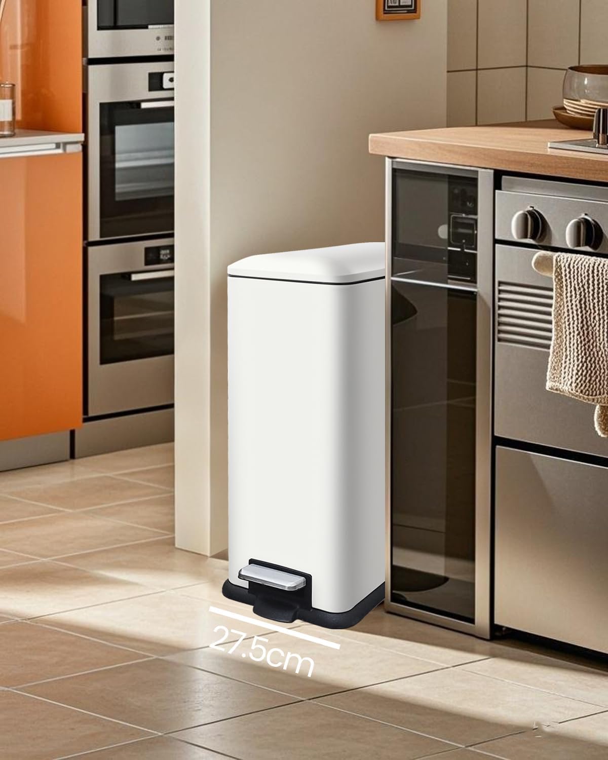 Kitchen Rubbish Bin, 45 Litre Waste Bin, Large Pedal Bin, Kitchen Rubbish Bin with Softclose Lid and Inner Bin, Slim Pedal Bin for Kitchen, Bathroom and Office, White