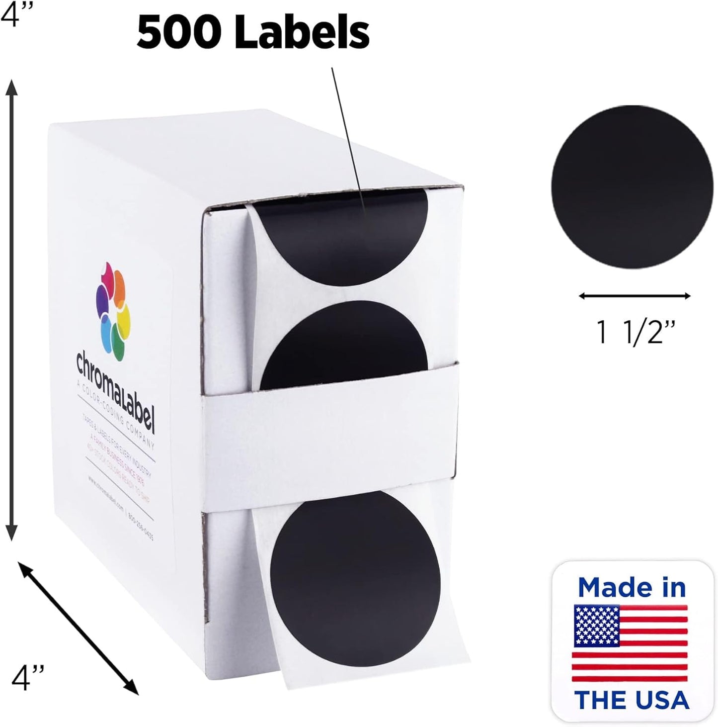 ChromaLabel 1.50 Inch Round Label Permanent Color Code Dot Stickers, 500 Labels per Dispenser Box, Black