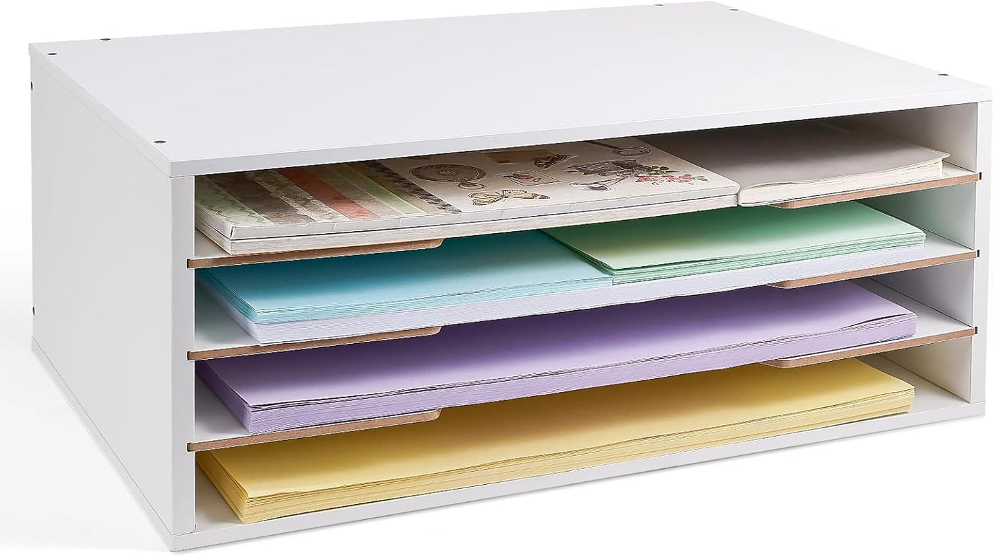 12x18 Construction Paper Organizer, 4-Tiers Paper Storage Shelf, Wooden Desk Organizer, File Holder and Letter Tray for Office, Home, Classroom