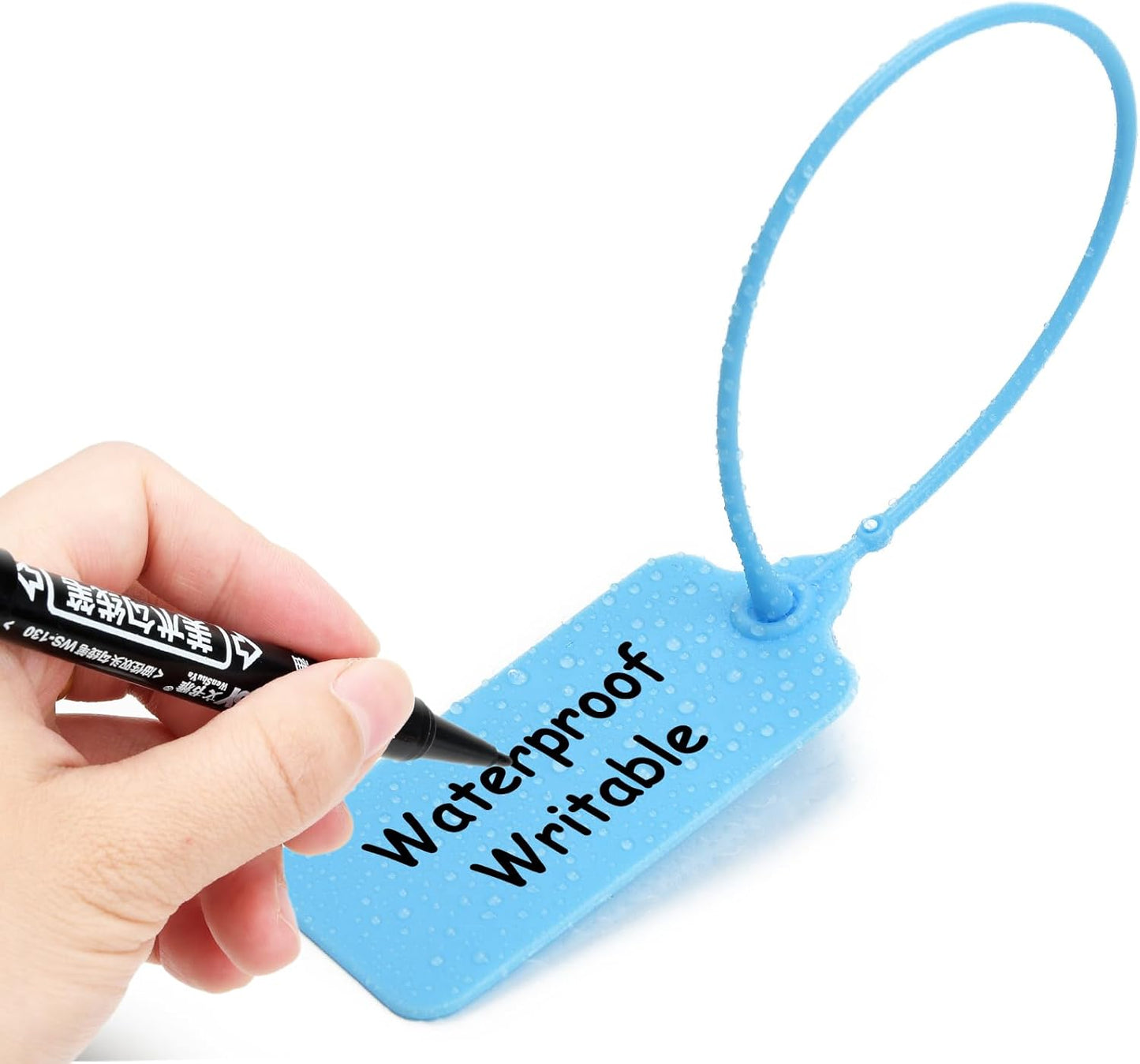50 Blue Blank Plastic Tags for Labeling Waterproof Hanging Labels Writable Tags Seal Plastic Marking Label for Clothes Bags Keys Inventory with One Marker Pen