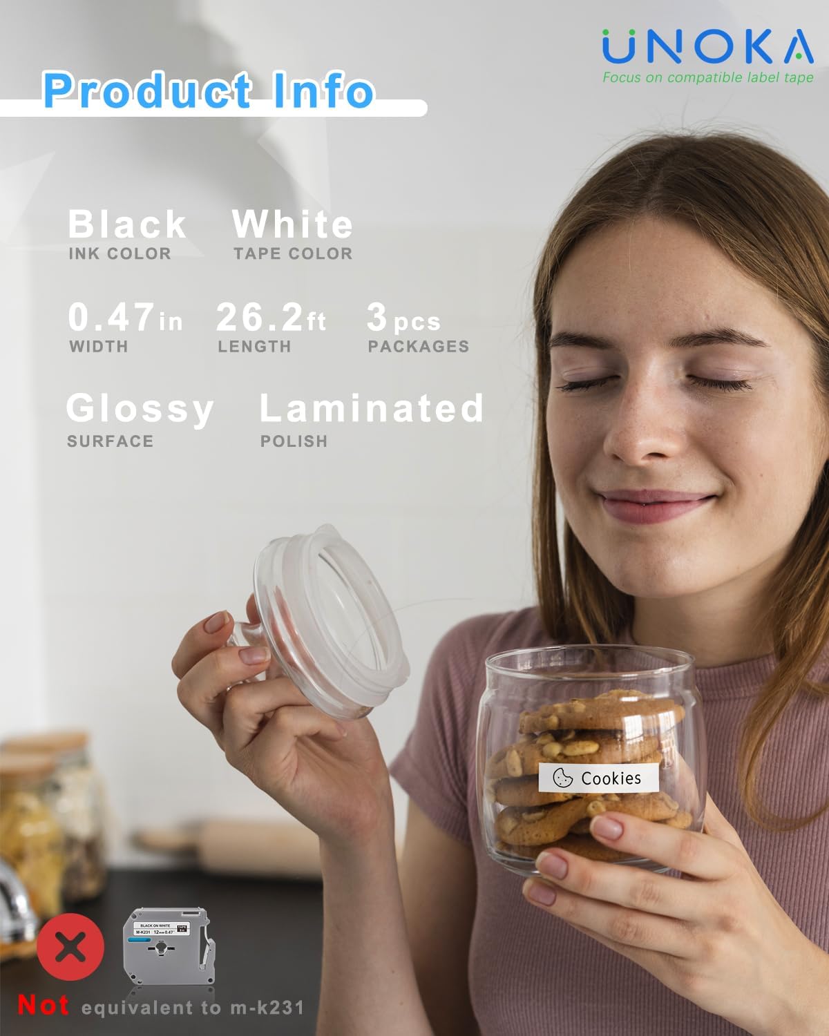 UNOKA Ptouch Tape 12mm 0.47 White Laminated Compatible with Brother Label Maker PTH110 PTD220 PTD210, TZe TZ Tape TZe-231 Black Ink on White Refills, Waterproof, Indoor/Outdoor Use, 2 Pack