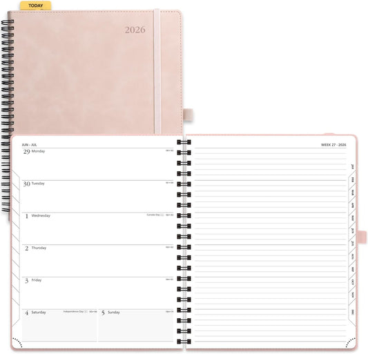 POPRUN 2026 Planner Weekly Notebook Calendar (Jan-Dec), Large Size 8.5'' x 10.5'' - Agenda 2026 Appointment Book with Monthly Tabs, Inner Pocket, Spiral Soft Cover, 100 GSM - Soft Pink